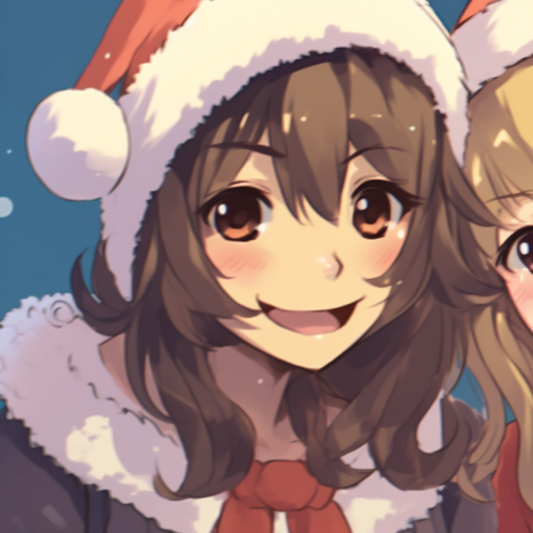 Two characters singing, festive background, Christmas carol sheets in their hands. trendy matching christmas pfp gif pfp for discord.