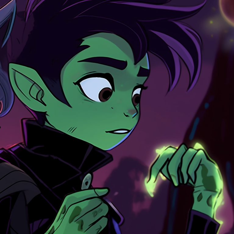 Beastboy and Raven, in matching Halloween costumes with dark and muted colors. beastboy and raven pfp halloween cosplay pfp for discord.