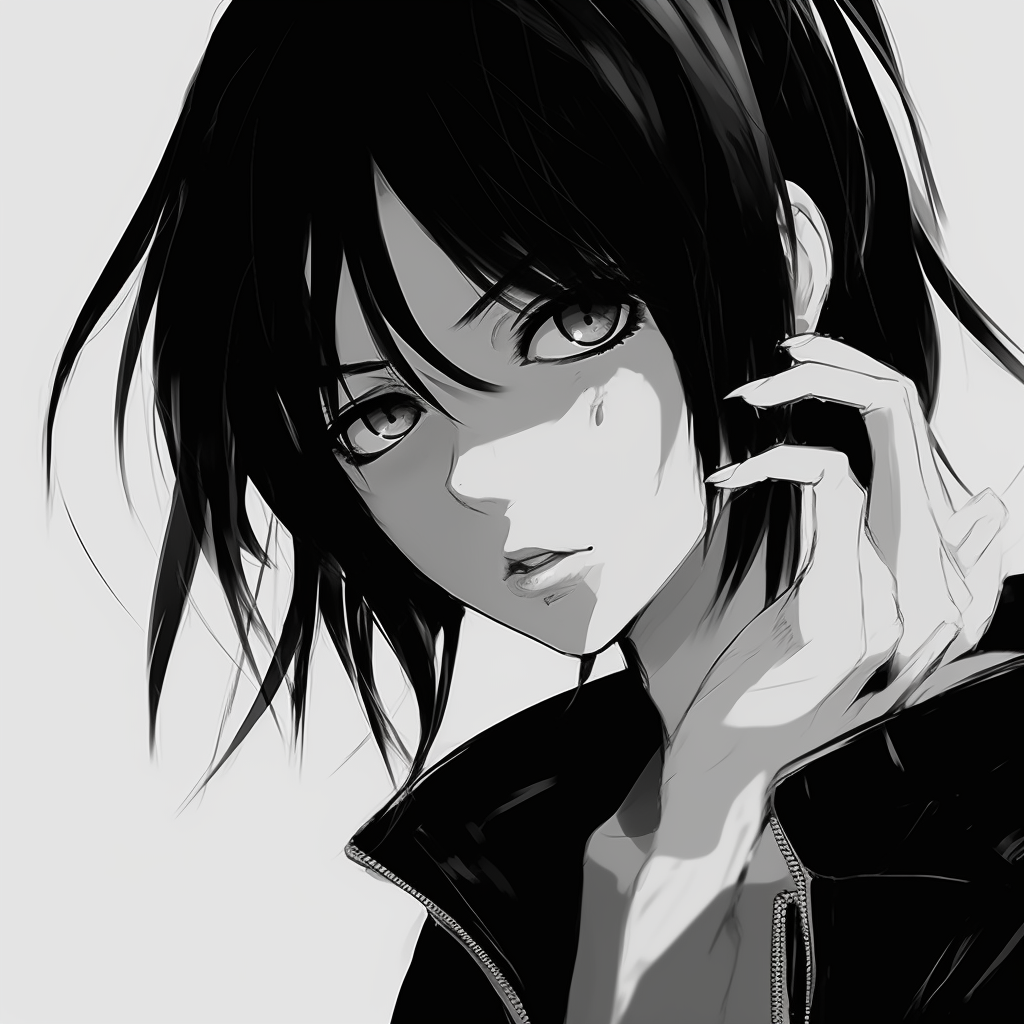 Rukia Kuchiki from Bleach, intense gaze and detailed linework in black and white. diverse black and white anime pfp