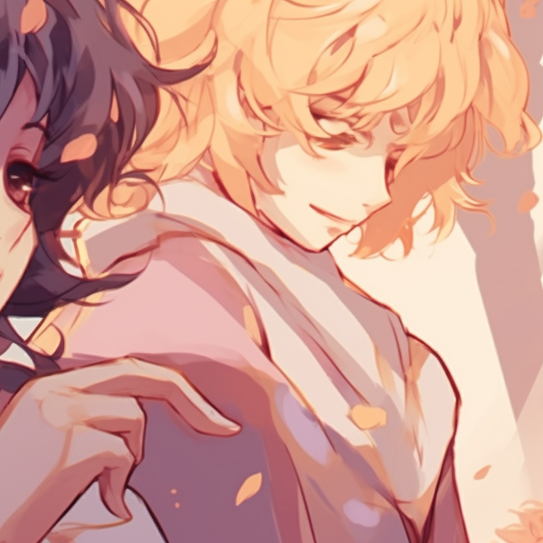Two characters under golden sakura tree, petals in hair. Soft pastel colors. exquisite golden pfp discord items pfp for discord.