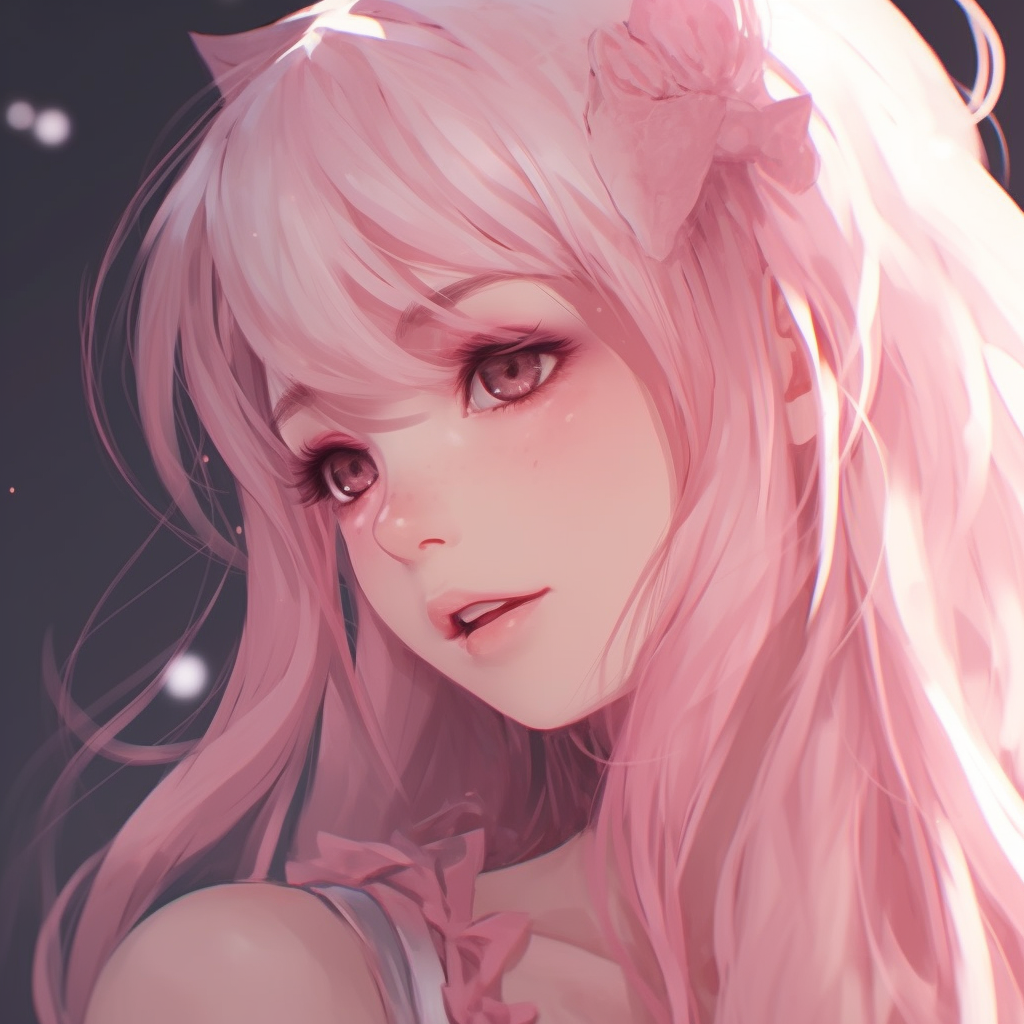 Anime girl in a dreamy pink setting, detailed costume design and dreamy color palette. stunning pfp pink anime girl art pfp for discord.