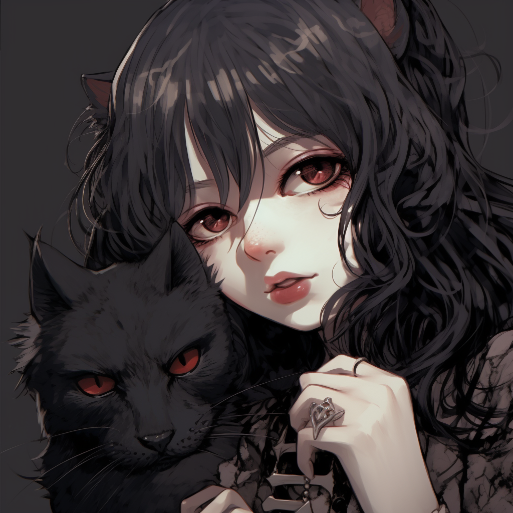 Goth anime girl with her feline companion, captured in detailed linework with dark colors. pfp concepts: goth anime pfp for discord.