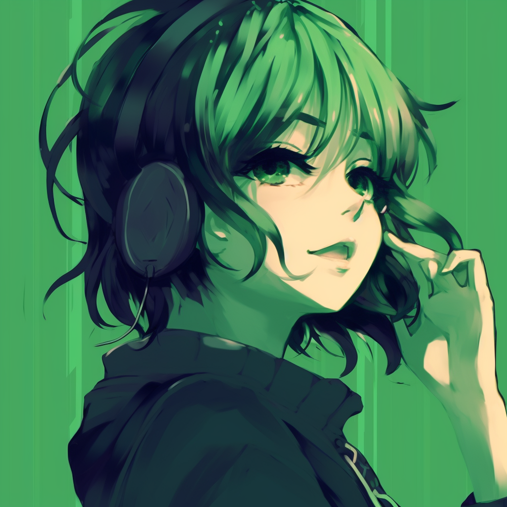Profile of an anime character with pastel green hair, thick lines and contrasting shadows. whimsical green anime pfp collection