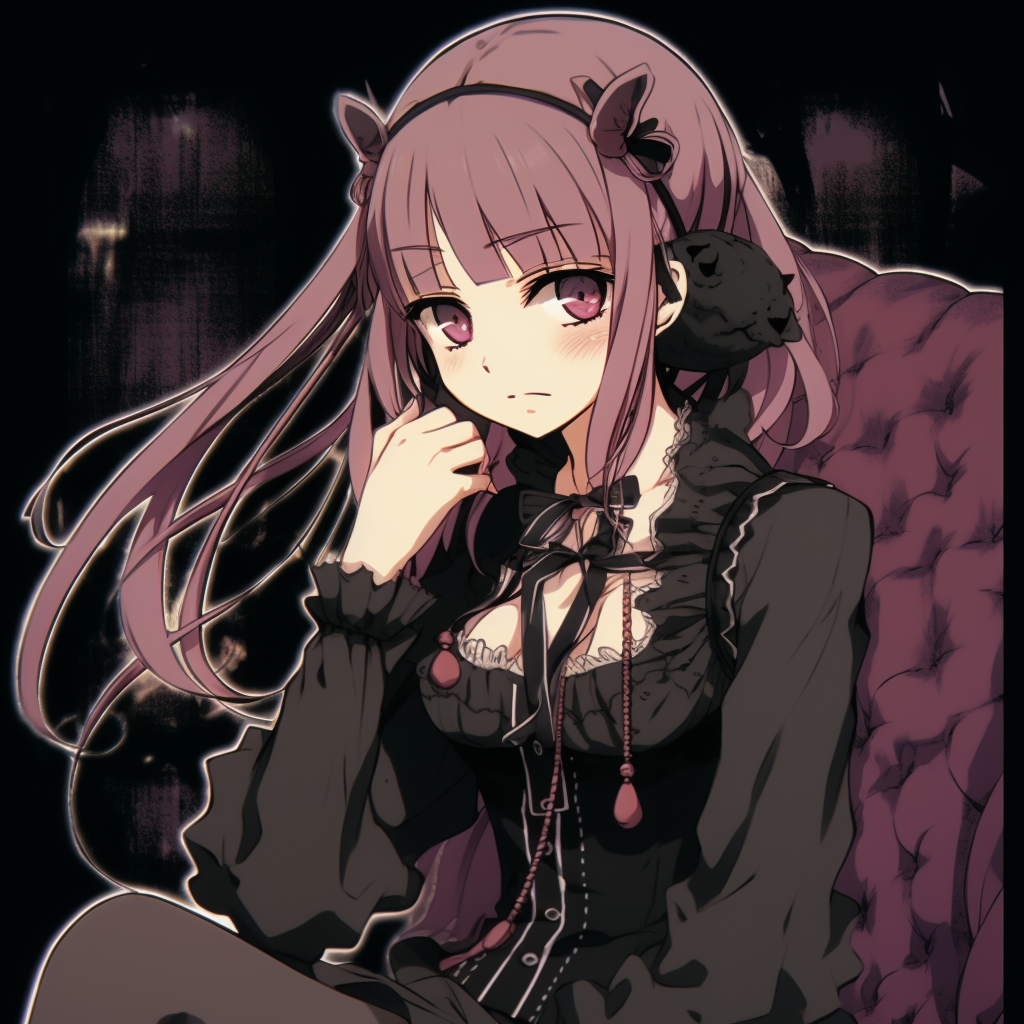 Mikan's eyes displaying a gothic vibe, focus on the intensity and color contrast. iconic gothic pfp characters in anime