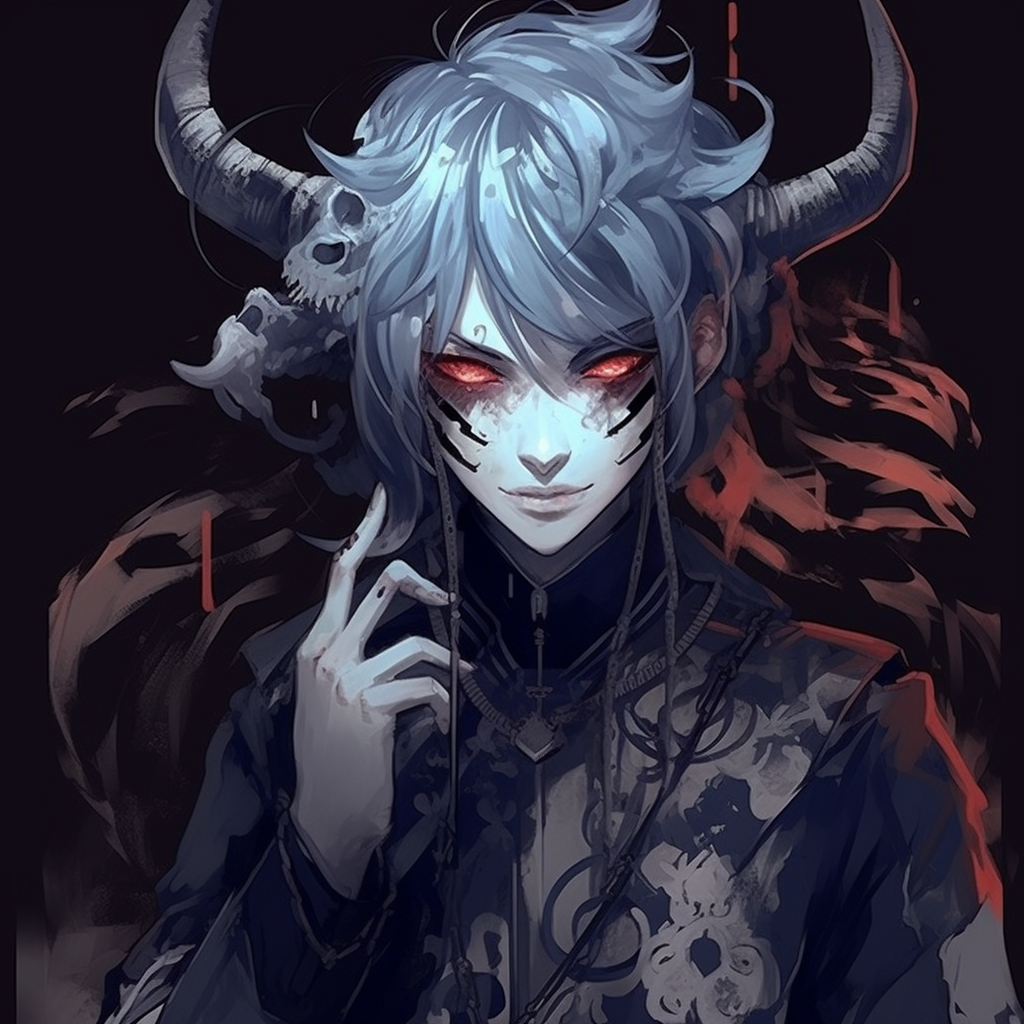 Anime character portraying a demon prince, the artwork highlights midnight blue tones and intricate markings. aesthetic demonic anime pfp pfp for discord.