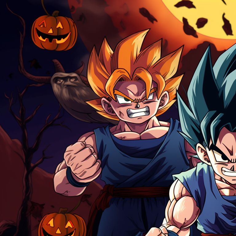 Close-up shot of Goku and Vegeta grinning, intense expressions with Halloween backdrop, heavy usage of dark hues. goku and vegeta dragon ball halloween theme pfp pfp for discord.