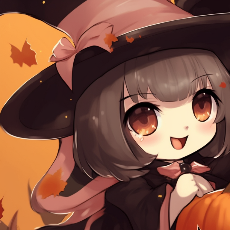 Two characters in witchy attire, dark colors mixing with vibrant highlights, one standing behind the other protectively. cute halloween matching pfp for besties pfp for discord.