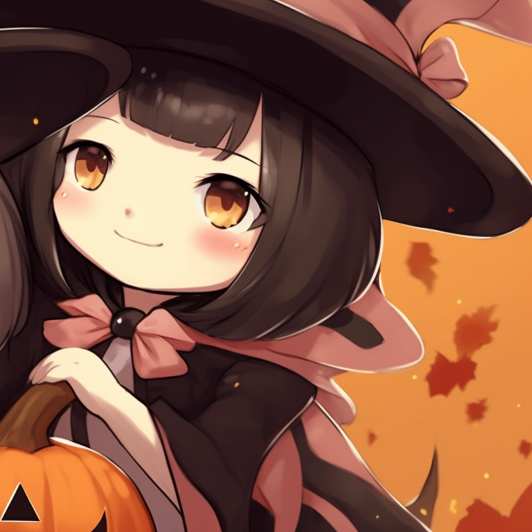 Two characters in witchy attire, dark colors mixing with vibrant highlights, one standing behind the other protectively. cute halloween matching pfp for besties pfp for discord.