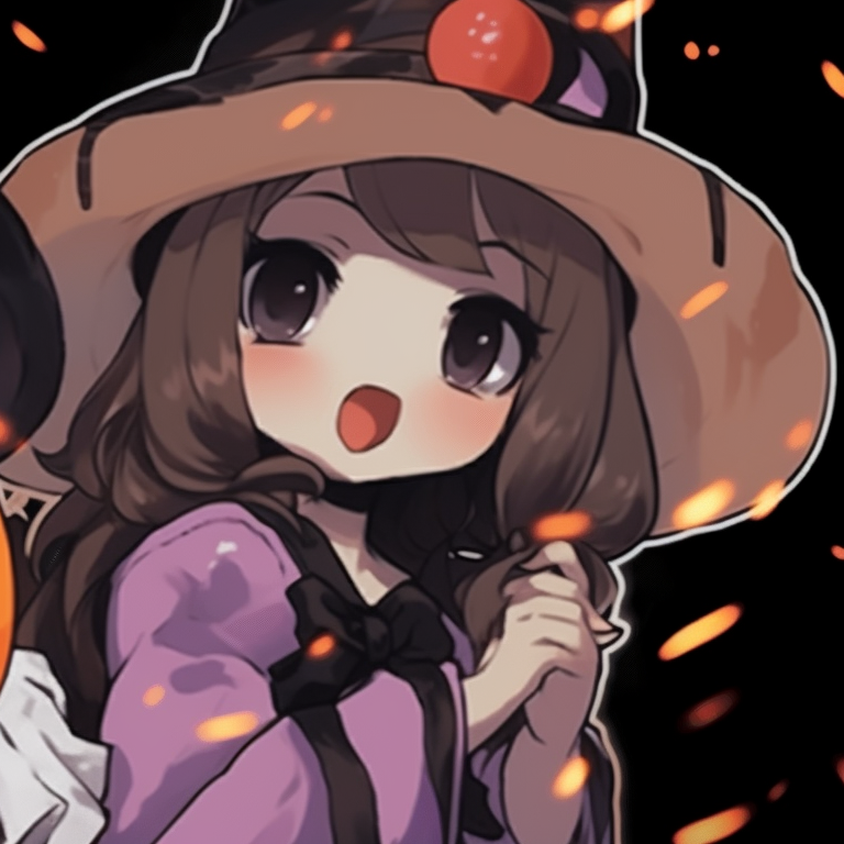 Two characters in matching witch outfits, vivid colors and playful expressions. creative matching halloween pfp pfp for discord.