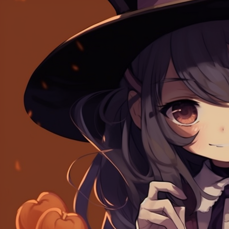 Two characters in witches' costume, with soft shading, and sharing a friendly hug. anime theme matching couples pfp for halloween pfp for discord.