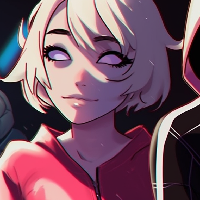 Gwen and Miles in Halloween-themed superhero suits, detailed costumes and dim lighting. spiderverse gwen and miles matching pfp pfp for discord.