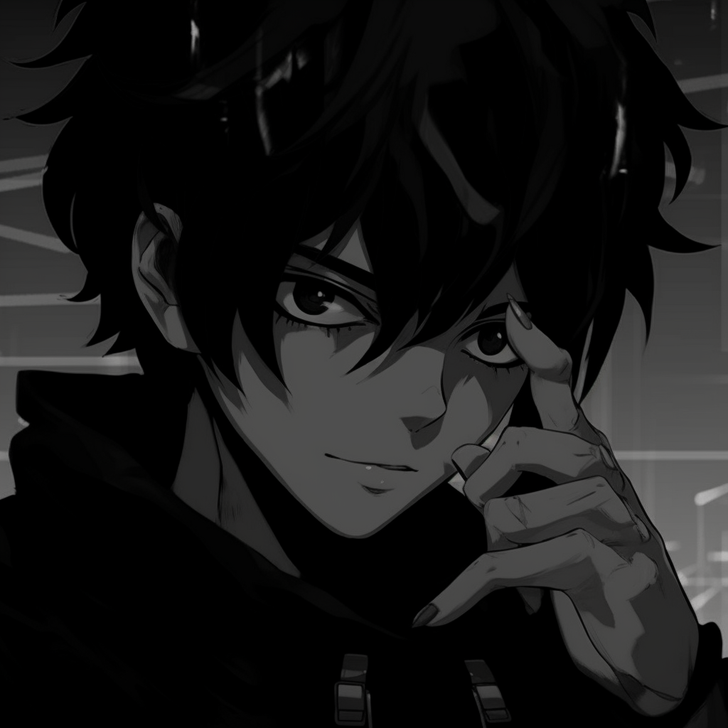 Detail on the intense gaze of a male anime character, focus on sharply drawn eyes, and dark undertones. anime black aesthetic pfp pfp for discord.