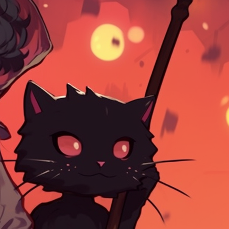 Two anime characters dressed as black cats, heavy shadows and bright, glowing eyes. animal themed halloween pfp matching pfp for discord.