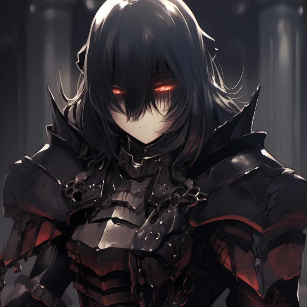 A Gothic anime knight clad in heavy armor, eyes glowing beneath the helmet's shadow. inspiring gothic anime pfp ideas