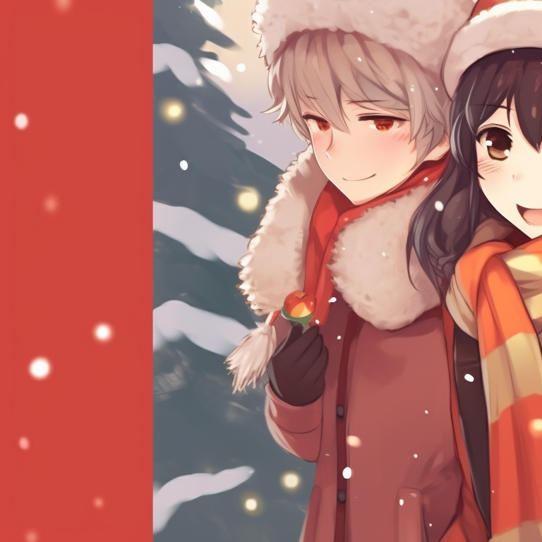 Two characters beside a colorful Christmas tree, with a cozy, homey atmosphere. trendy matching christmas pfp background designs pfp for discord.