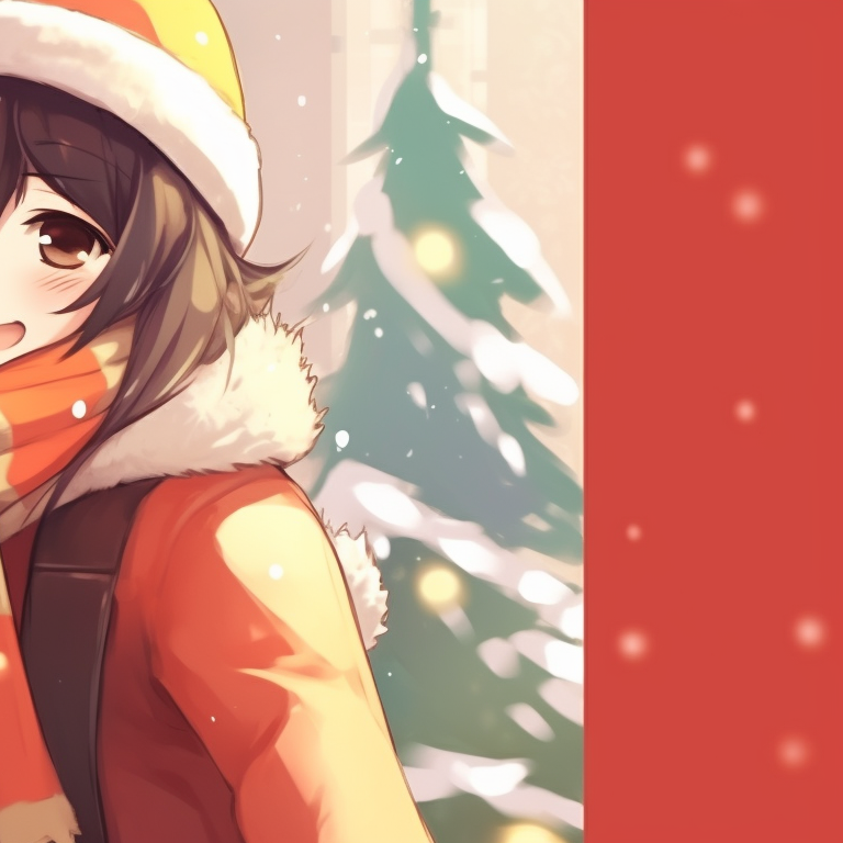 Two characters beside a colorful Christmas tree, with a cozy, homey atmosphere. trendy matching christmas pfp background designs pfp for discord.