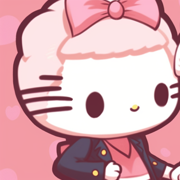 Two characters, pastel pink and white palette, dressed up as Hello Kitty. hello kitty inspired matching wallpaper pfp for discord.