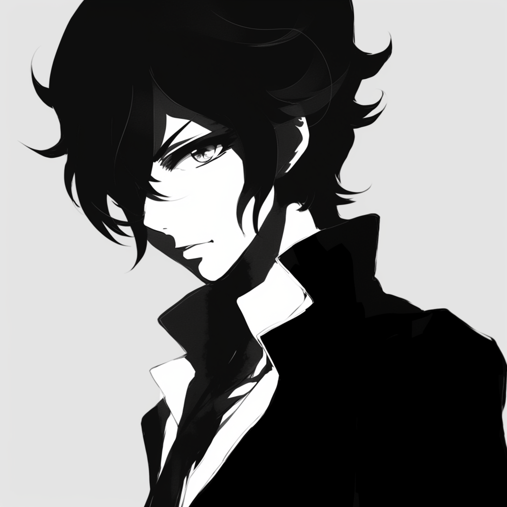 Profile of Spike Spiegel from Cowboy Bebop, capturing his distinct hair and cool demeanor in black and white. classic anime black and white pfp
