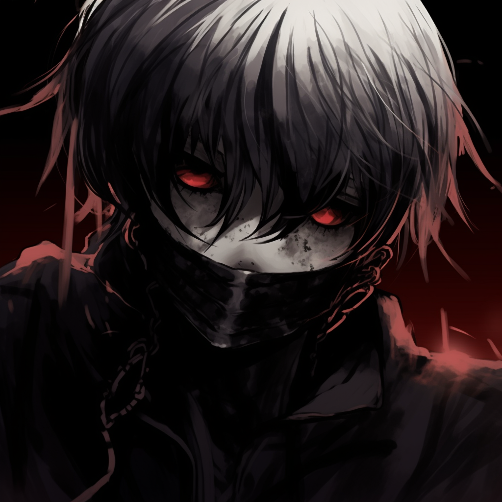 Close-up of Kaneki Ken in his mask, showcasing intricate details and deep shadows. iconic gothic pfp characters in anime