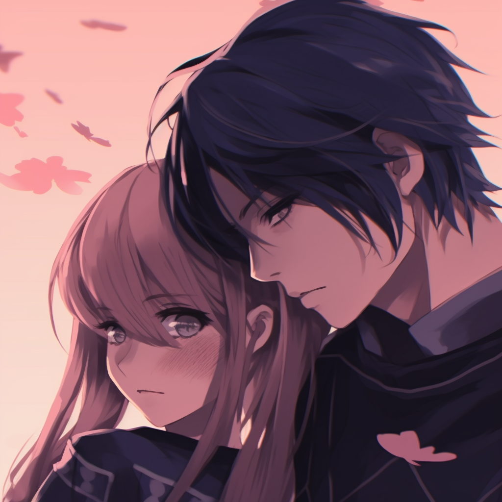Sakura and Sasuke with interlinked yet distinctly colored hearts, symbolizing their bond, vibrant colors with detailed design. unique anime pfp couple creations pfp for discord.