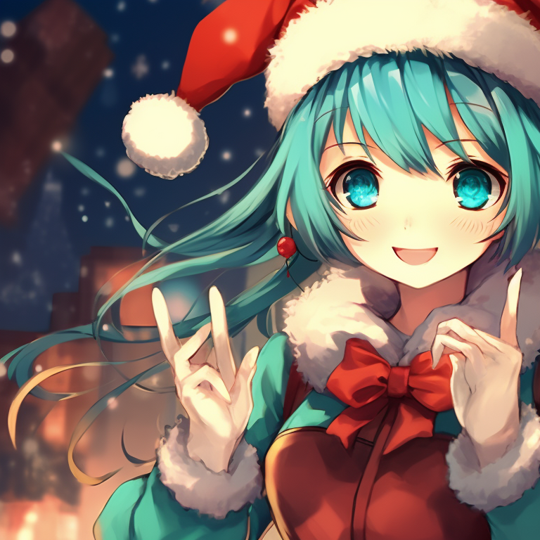 Hatsune Miku and a character under a starlit sky, bright colors emphasizing the Christmas theme. engaging matching hatsune miku christmas pfp designs pfp for discord.