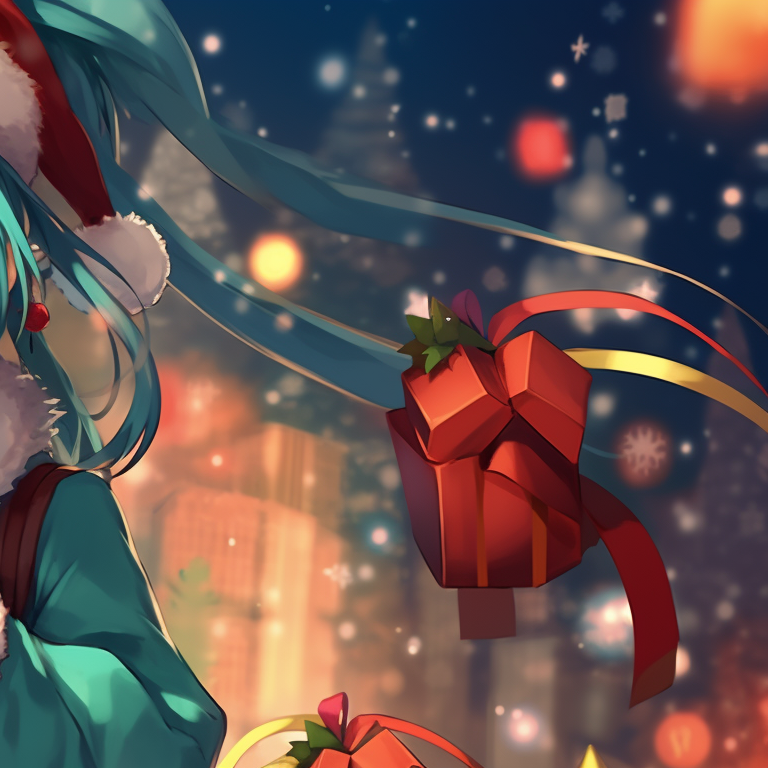 Hatsune Miku and a character under a starlit sky, bright colors emphasizing the Christmas theme. engaging matching hatsune miku christmas pfp designs pfp for discord.