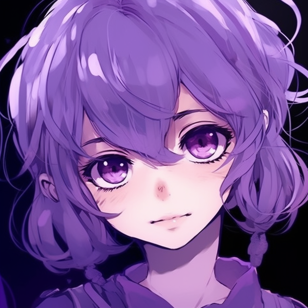 Close-up of a violet-haired anime girl, highlighting her mesmerizing eyes and delicate features. adorable purple anime pfp pfp for discord.