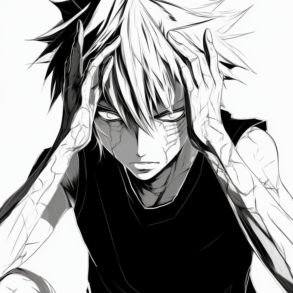 Detailed sketch of Naruto Uzumaki in black and white, highlighting intense expressions. top black and white anime pfp