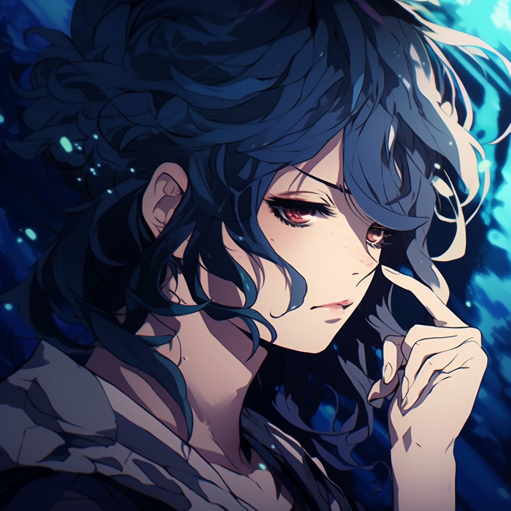 Medium shot of a blue-haired anime character lost in thought, showcasing color-rich art style. best cool pfp anime images pfp for discord.