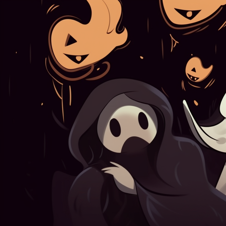 Two characters, in spectral forms with misty effects and glowing eyes, floating amidst Jack-o'-lanterns. creative matching ghost pfp halloween theme collection pfp for discord.