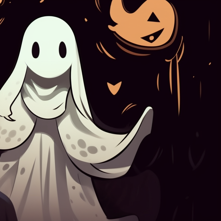 Two characters, in spectral forms with misty effects and glowing eyes, floating amidst Jack-o'-lanterns. creative matching ghost pfp halloween theme collection pfp for discord.