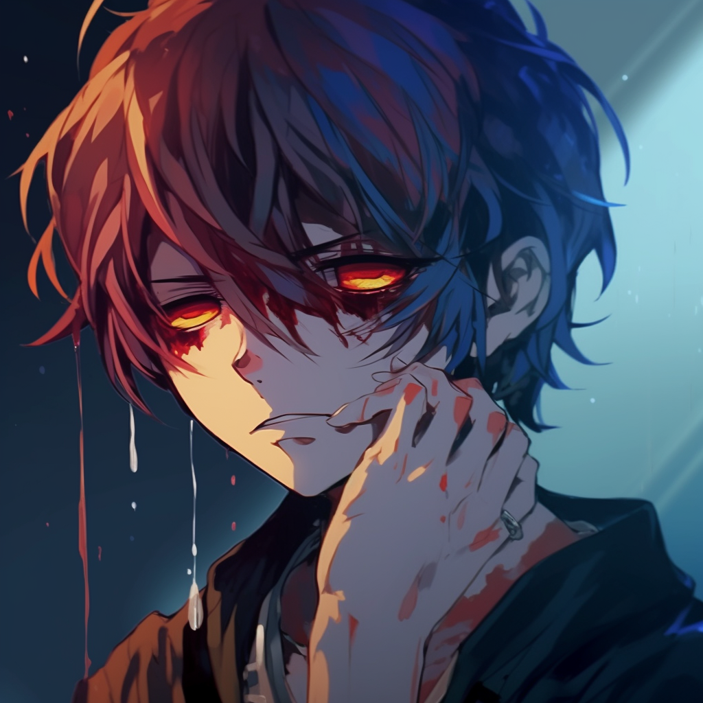 A weeping anime boy, tears glittering with reflected light, highlighted in saturated hues. anime pfp with tears pfp for discord.