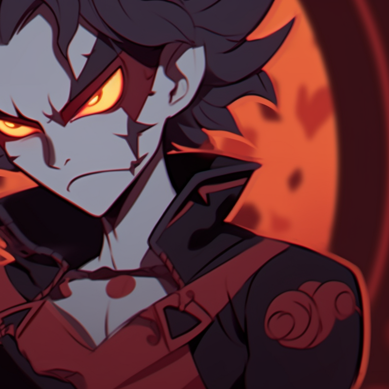 Blitzo and Stolas in halloween costumes, dark hues with bold outlines. blitzo x stolas halloween pfps pfp for discord.