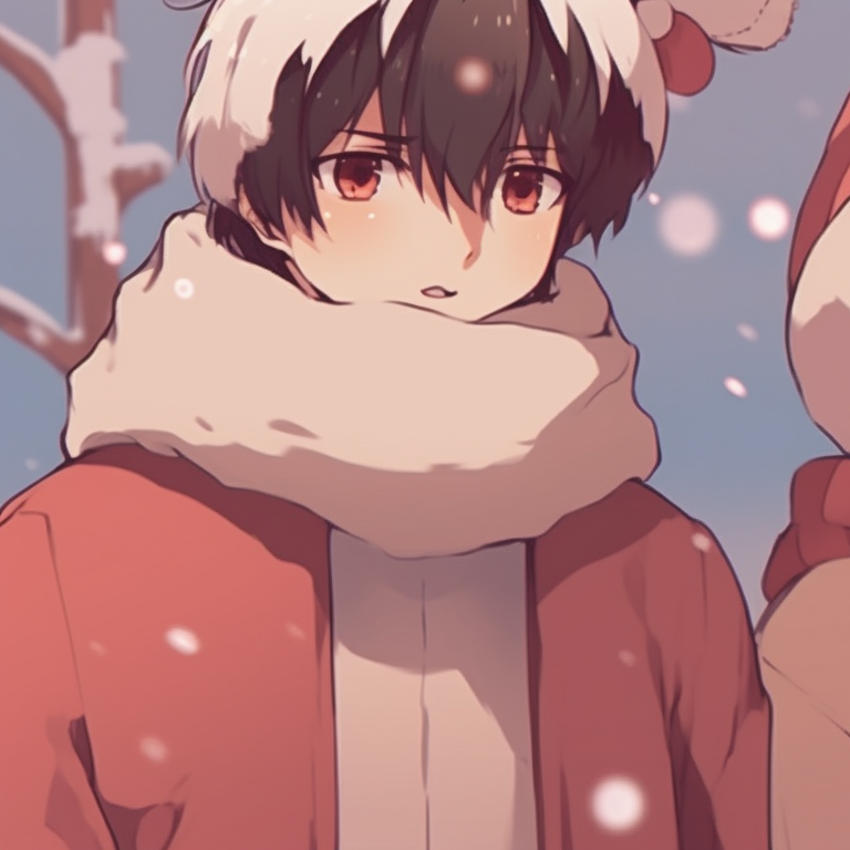 Two characters beneath a mistletoe, subtle blush and vibrant holiday colors. unique matching cute aesthetic christmas pfp selection pfp for discord.