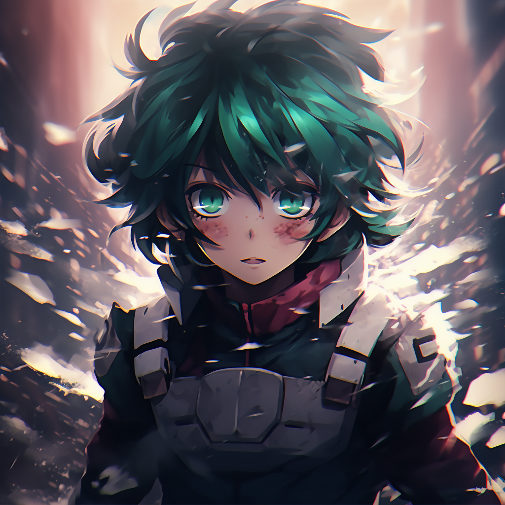 Deku's profile shot, focus on face details and color contrast between character and background. 4k anime scene profile photos