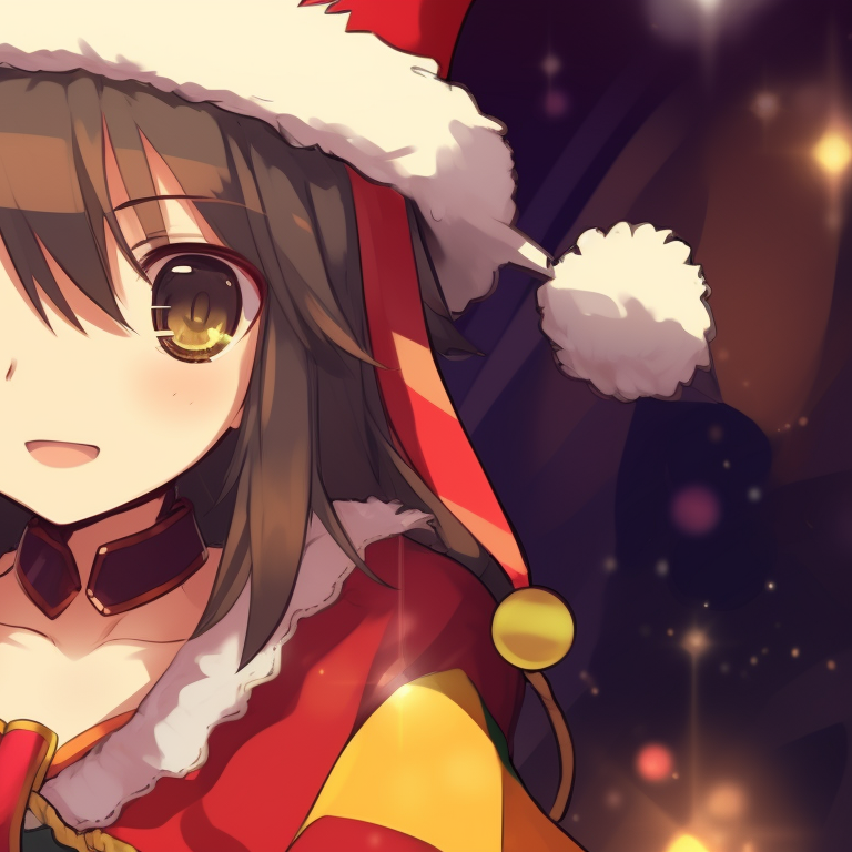Two characters wearing festive outfits, highlighted with bright colors and light shading. matching megumin christmas pfp choices pfp for discord.