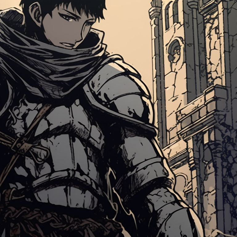 Two characters standing guard, gothic-inspired armor, set against a haunted castle backdrop. berserk inspired halloween aesthetics pfps pfp for discord.