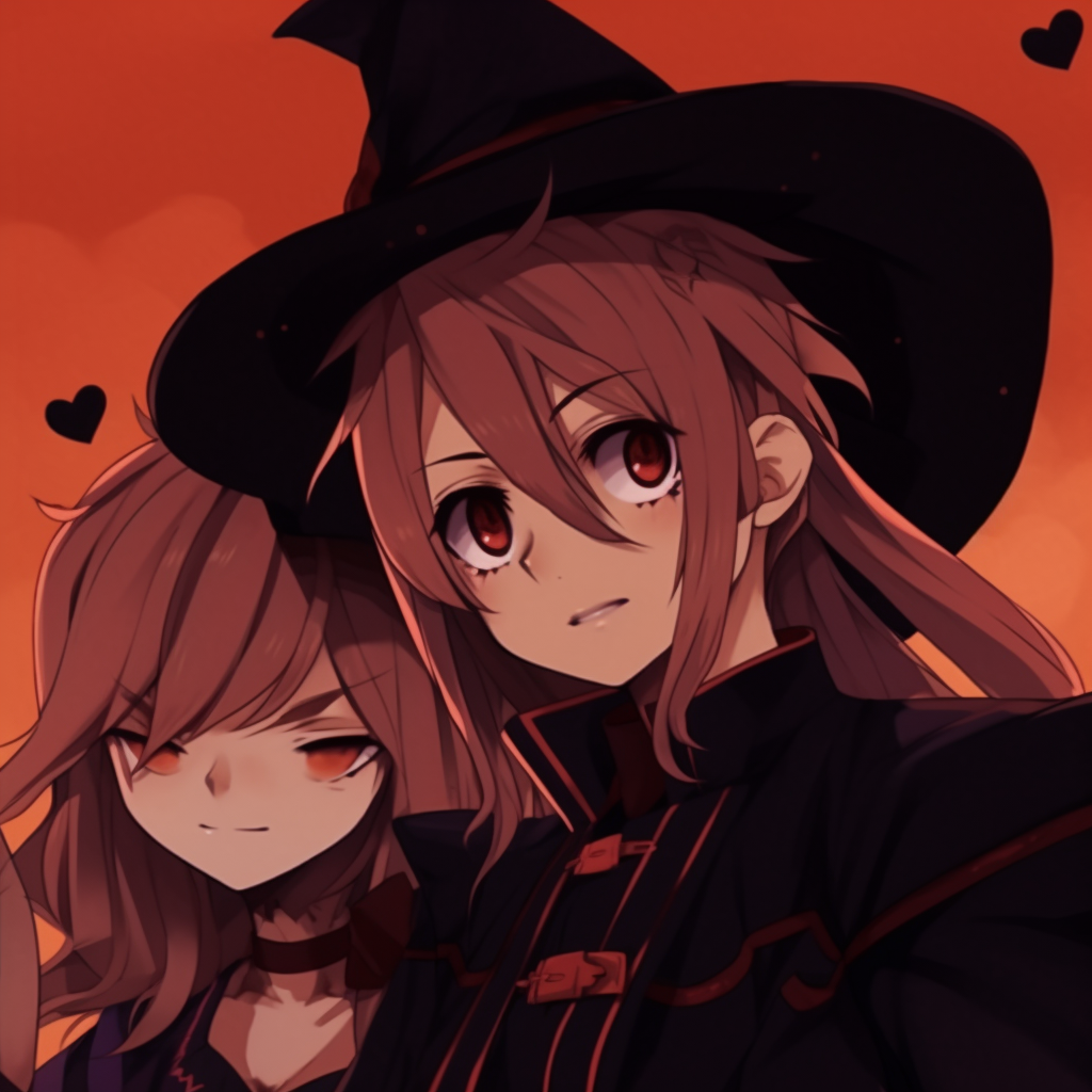 Anime duo dressed as vampires, blush-toned color palette and soft shading. halloween pfp anime duos