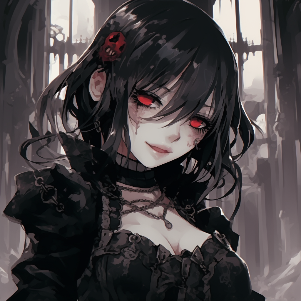 The anime girl, dressed in gothic style, is captured with a distant gaze, incorporating darker shades and intricate details. goth anime girl visuals pfp for discord.