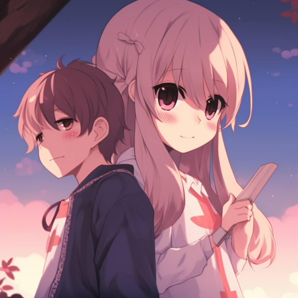 A boy and girl drawn in anime style, posing symmetrically with strong outlines and contrasting tones. matching pfp anime boy and girl