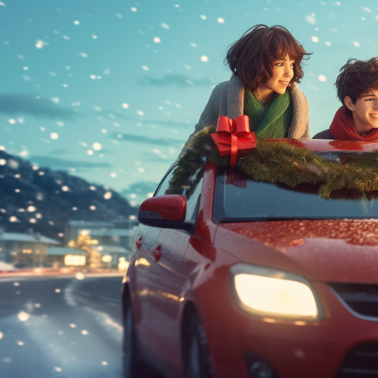 Two characters in the front seats of a car, filled with wrapped gifts and a mistletoe hanging above them, soft and warm color palette. optimized christmas car images pfp for discord.