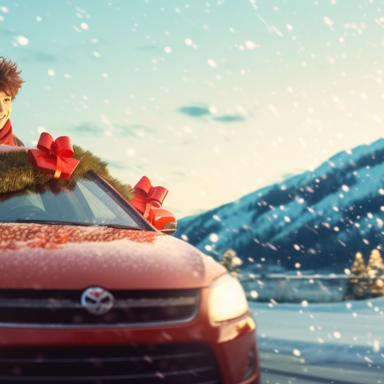 Two characters in the front seats of a car, filled with wrapped gifts and a mistletoe hanging above them, soft and warm color palette. optimized christmas car images pfp for discord.