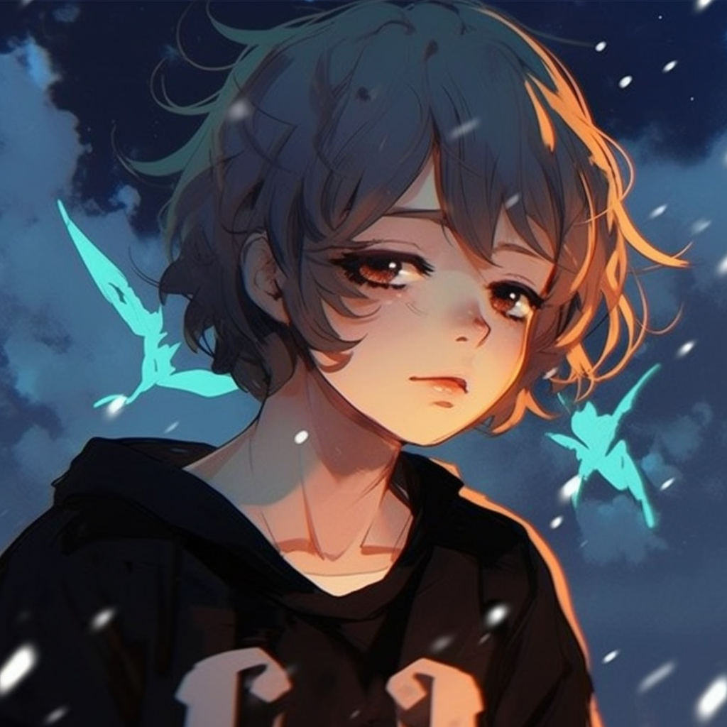 Moody anime profile against a pitch-black background, showcased by stark outlines and the effective use of negative space. anime depressed pfp: unique variants pfp for discord.