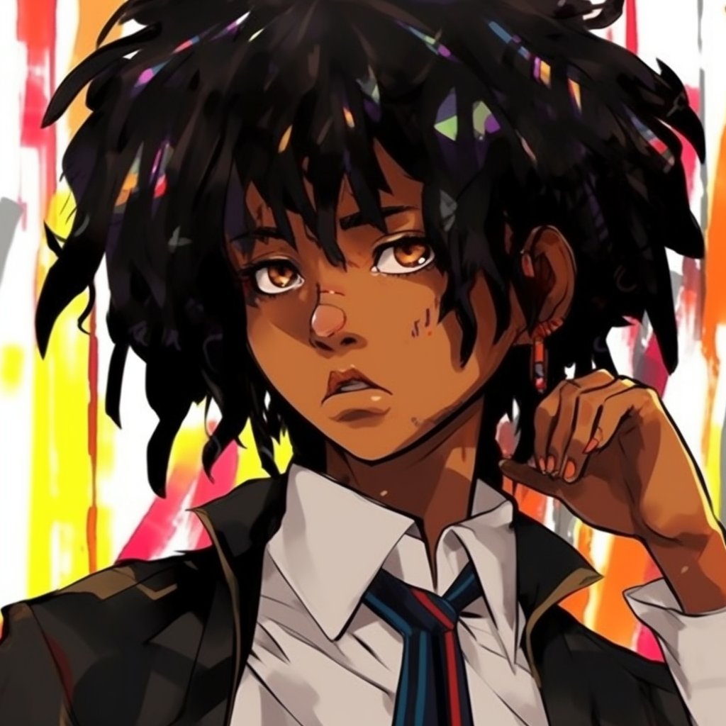 Stylish black anime girl with colorful backdrop, sharp lines and strong contrast. creative black anime girl characters pfp