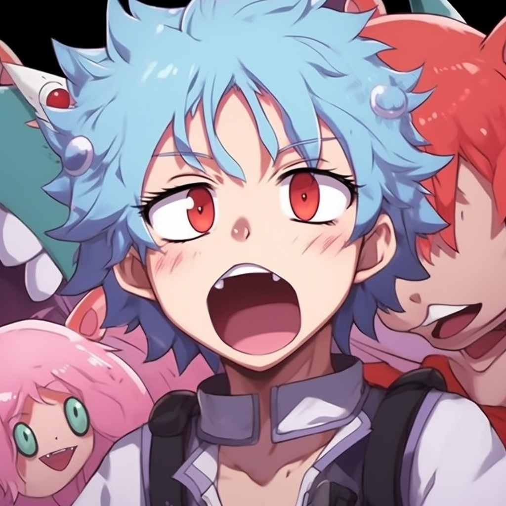 Illustration of a funny interaction between anime characters, characterized by exaggerated expressions and playful colors. funny animated anime pfps