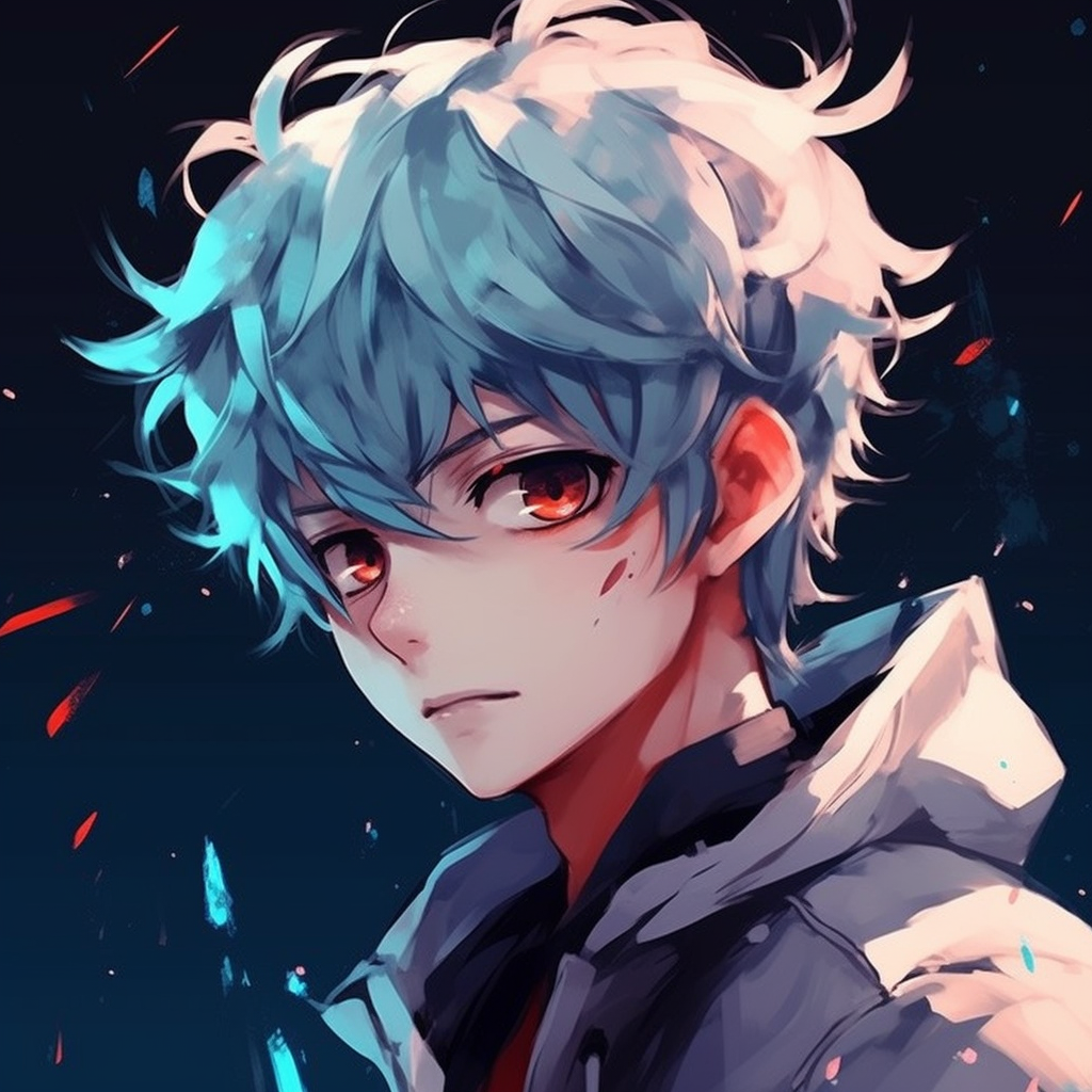 An anime boy with neon blue hair and piercing blue eyes, with a modern twist on a classic anime style. anime manga boy pfp pfp for discord.