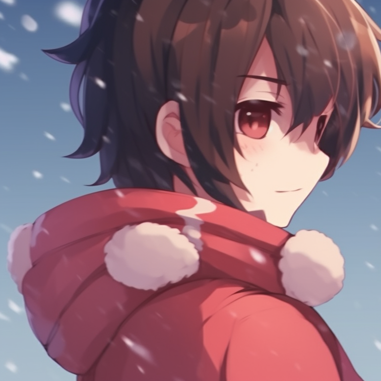 Two characters, under a bunch of mistletoe, on the verge of a Christmas kiss; warm colors and traditional touch. matching cute christmas pfp for festive couples pfp for discord.