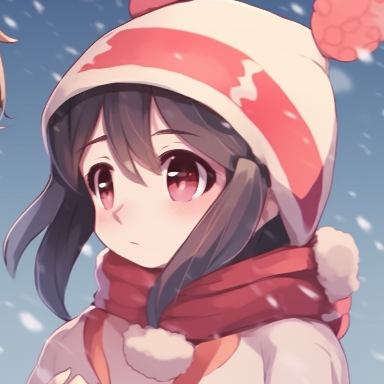 Two characters, under a bunch of mistletoe, on the verge of a Christmas kiss; warm colors and traditional touch. matching cute christmas pfp for festive couples pfp for discord.