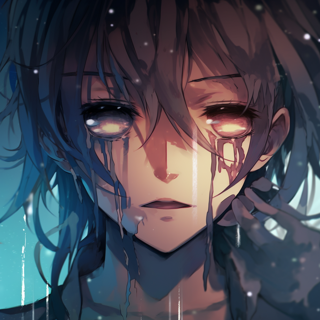 Close-up of distressed anime eyes, blue hues and teardrops sparkling. sad crying anime pfp pfp for discord.