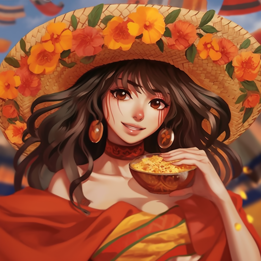 Mexican anime girl holding marigolds, the traditional flower of Día de los Muertos. beautiful mexican pfp girls pfp for discord.